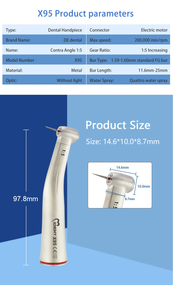 Dental X95 Contra Angle Handpiece Increase Speed Handpiece without light 1:5 - Image 2